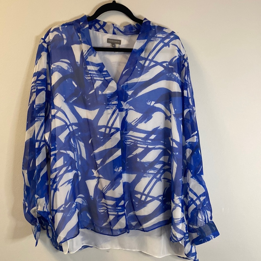 Vince Camuto Blue & White Print Sheer Blouse - 3X